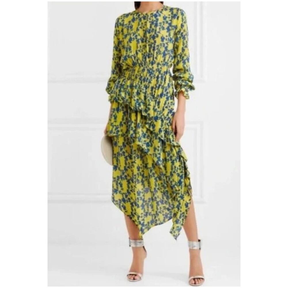 Preen Line Womens Eden Asymmetric Midi Dress Small Green Floral Crepe Feminine